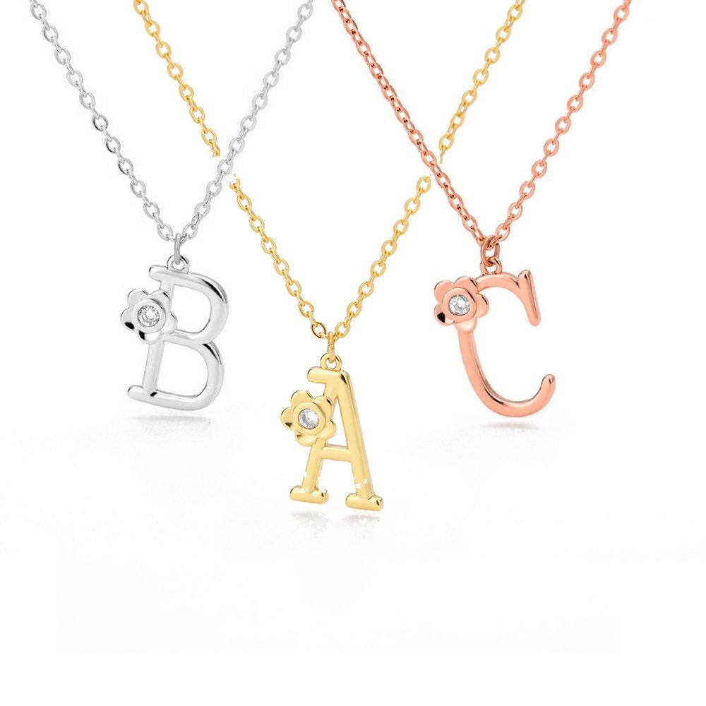 Stainless Steel Gold Plated A - Z Cubic Zirconia Flower Initial Pendan