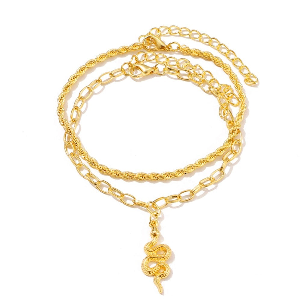 Gold Plated Rope & Paper Clip Link Ankle Bracelets with Serpent Charm