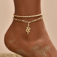 Gold Plated Rope & Paper Clip Link Ankle Bracelets with Serpent Charm