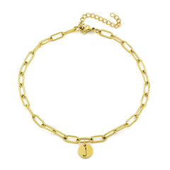 Stainless Steel Gold Plated Paper Clip Initial Disc Ankle Bracelet