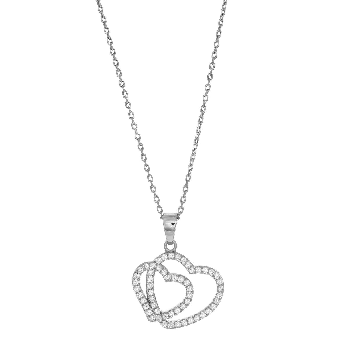 925 Sterling Silver Micro Pave Double Heart Pendant Necklace