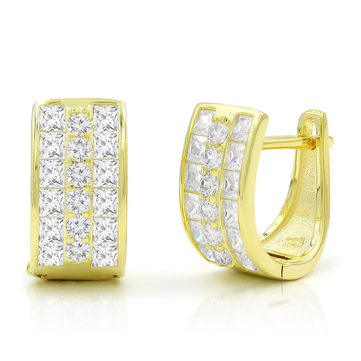 925 Sterling Silver Gold Plated 3 Row Princess Cut Huggie Earrings