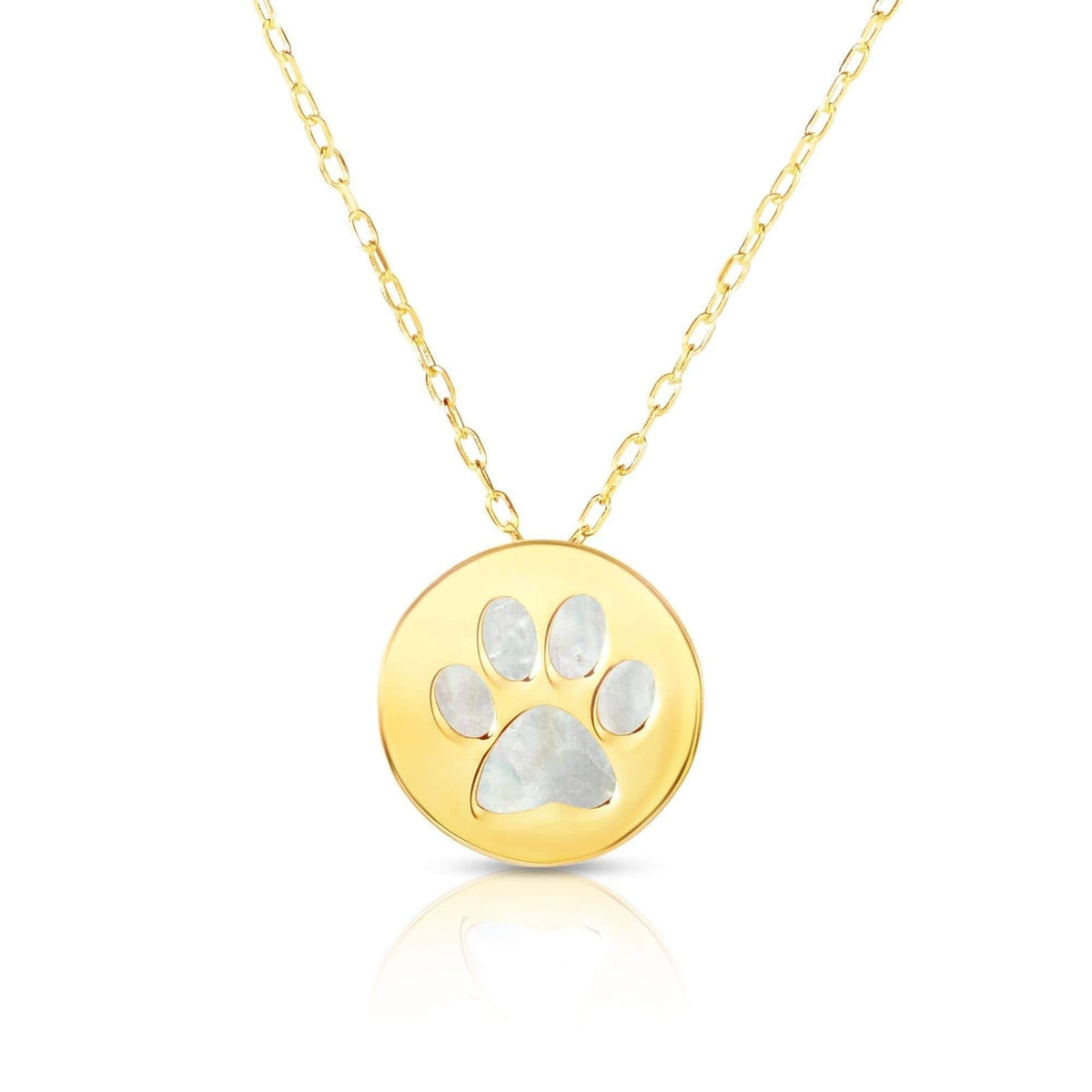 14K Yellow Gold Mother of Pearl Dog Paw Disc Pendant Necklace