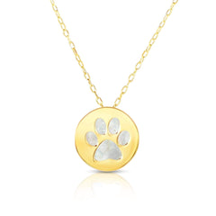 14K Yellow Gold Mother of Pearl Dog Paw Disc Pendant Necklace