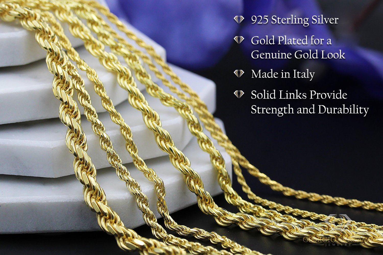 NYC Authentic Gold-Plated Sterling Silver Rope Diamond-Cut Necklace Chains 1mm-5mm and 16 inch to 24 inch, Best Unisex Gift for Men & Women, Adult