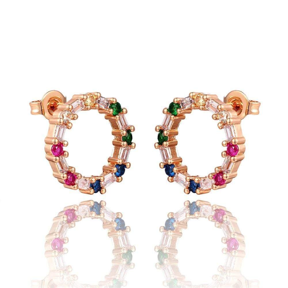 Rose Gold Plated Rainbow Studded Cubic Zirconia Open Circle Stud Earrings