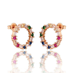 Rose Gold Plated Rainbow Studded Cubic Zirconia Open Circle Stud Earrings