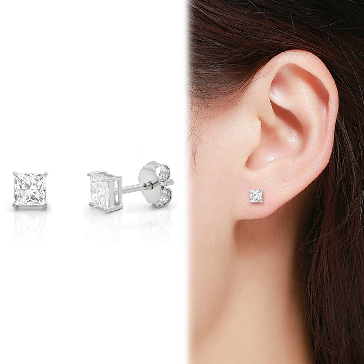 925 Sterling Silver 3mm - 9mm Princess Cut Cubic Zirconia Rhodium Stud Earrings