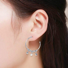 925 Sterling Silver Dangling Star Hoop Earrings