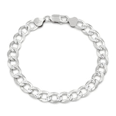 925 Sterling Silver 8.5mm Solid Cuban Diamond Cut Pave Curb Link Bracelet