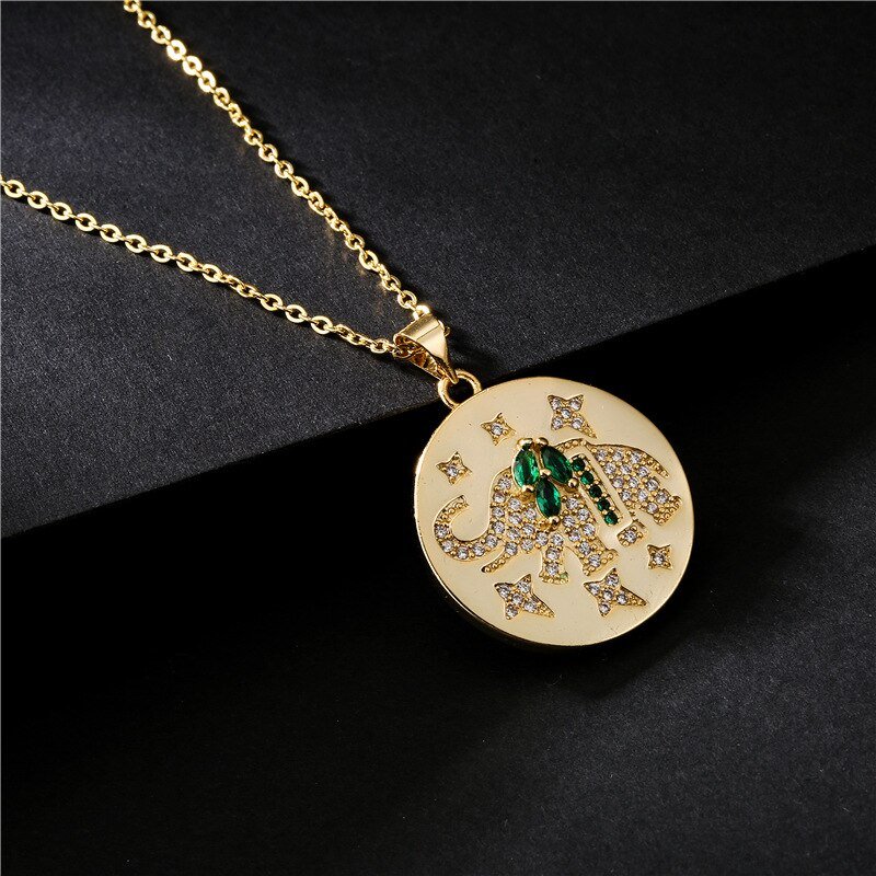 Gold Plated Micro Pave Emerald Green Butterfly, Elephant, Bumblebee Disc Pendant Necklace