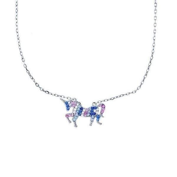 925 Sterling Silver Micro Pave Rainbow CZ Unicorn Necklace