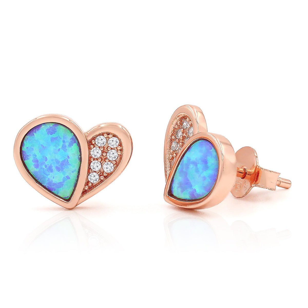 925 Sterling Silver Rose Gold Plated Blue Fire Opal Heart Stud Earrings