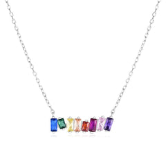 925 Sterling Silver Colorful Rainbow Minimalist Scattered Baguette Bar Necklace