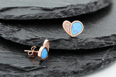 925 Sterling Silver Rose Gold Plated Blue Fire Opal Heart Stud Earrings