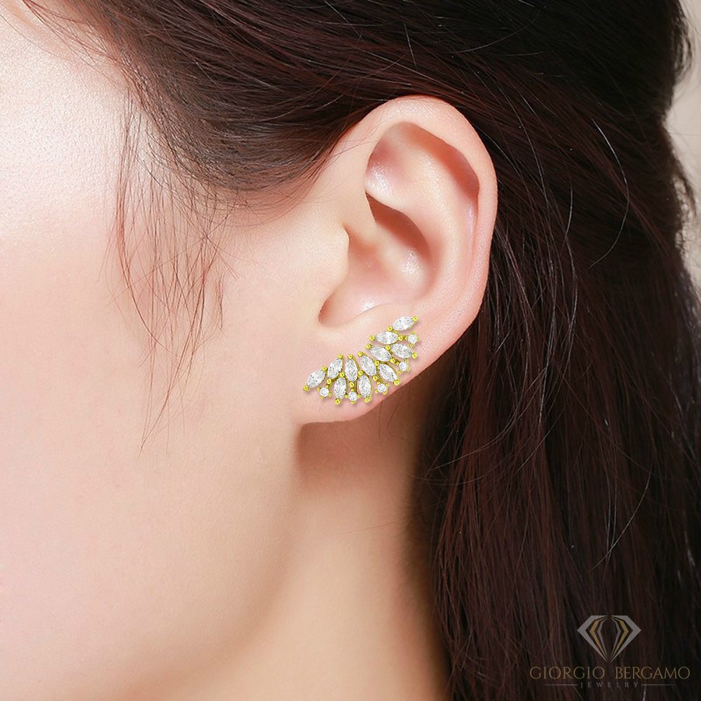 Gold Plated Chain Link Cubic Zirconia Micro Pave Ear Cuff Bar Earring