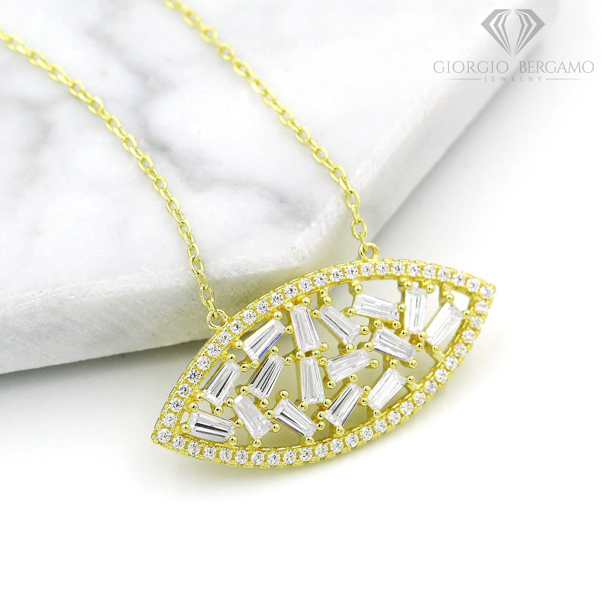 925 Sterling Silver Gold Plated Micro Pave Fancy Clustered Pendant Necklace