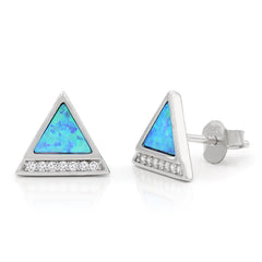 925 Sterling Silver Micro Pave Blue Fire Opal Delta Stud Earrings